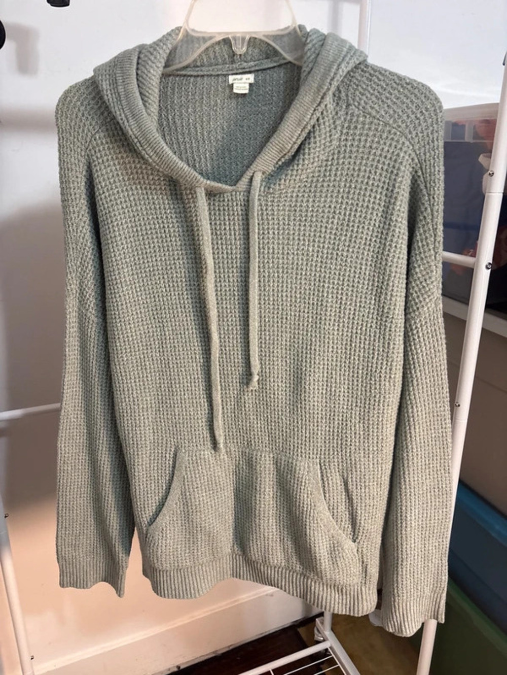 Aerie Sage Green Hooded Waffle Knit Pullover Sweater - Size Medium